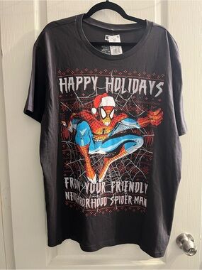 Spiderman Black Happy Holidays Graphic Tee with Red & Blue